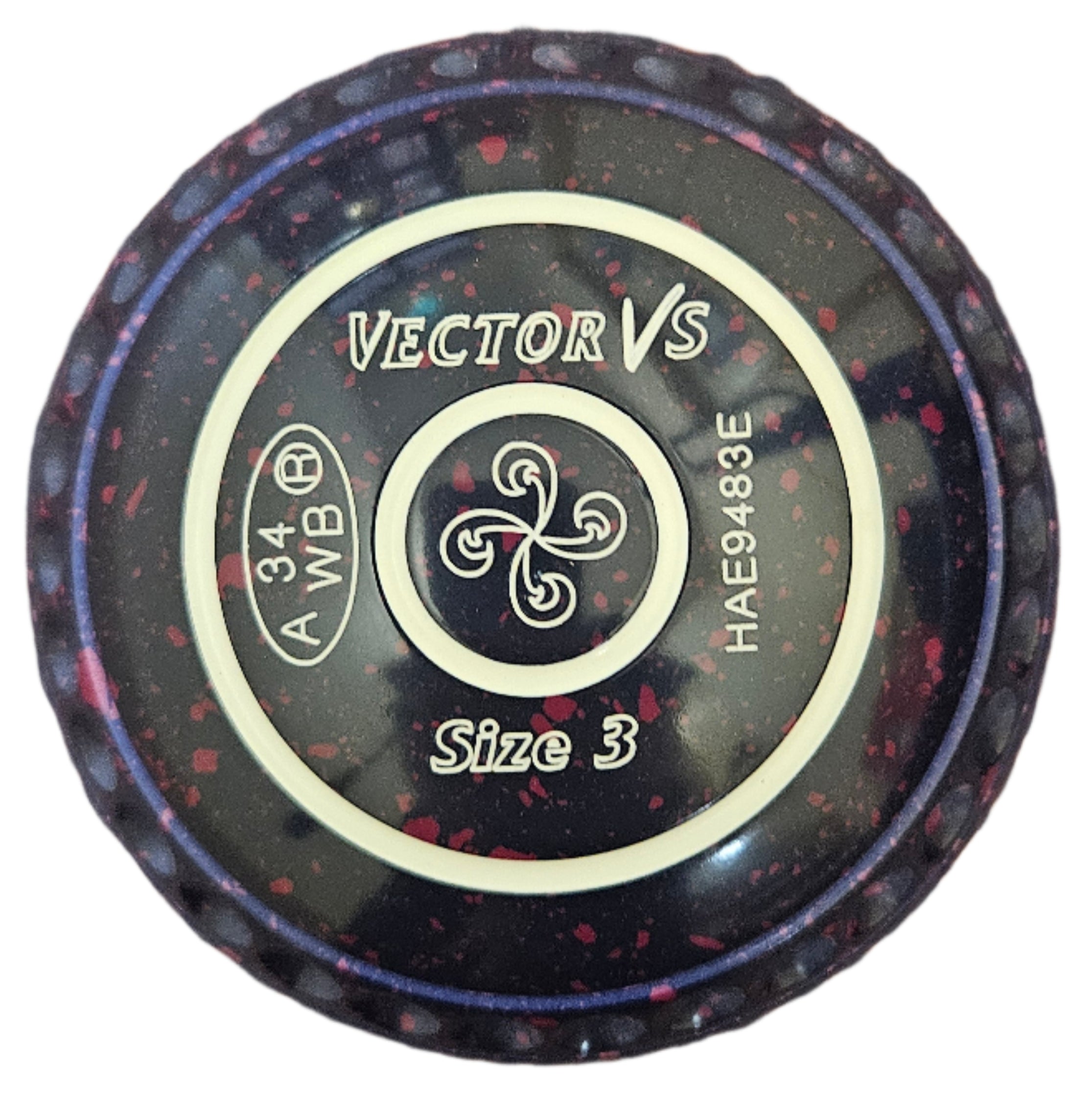 Taylor Ace 3H Dark Blue Magenta Lawn Bowls with Geometric Emblem.