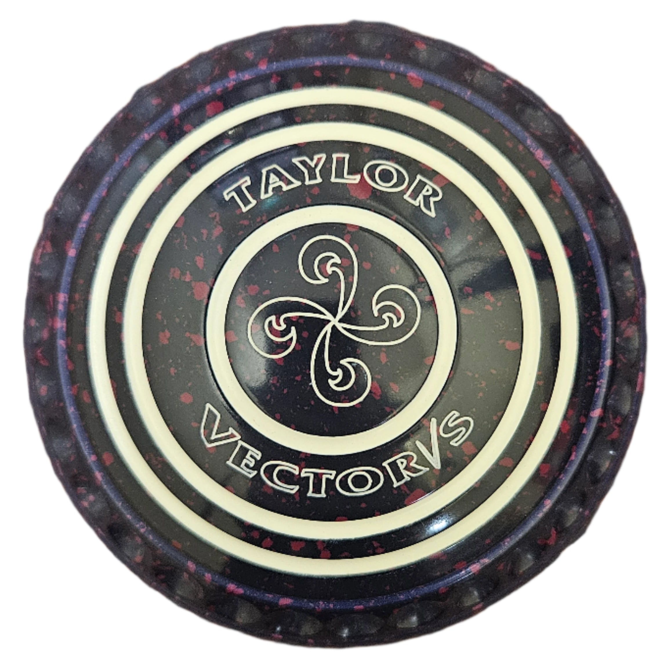 Taylor Ace 3H Dark Blue Magenta Lawn Bowls with Geometric Emblem.