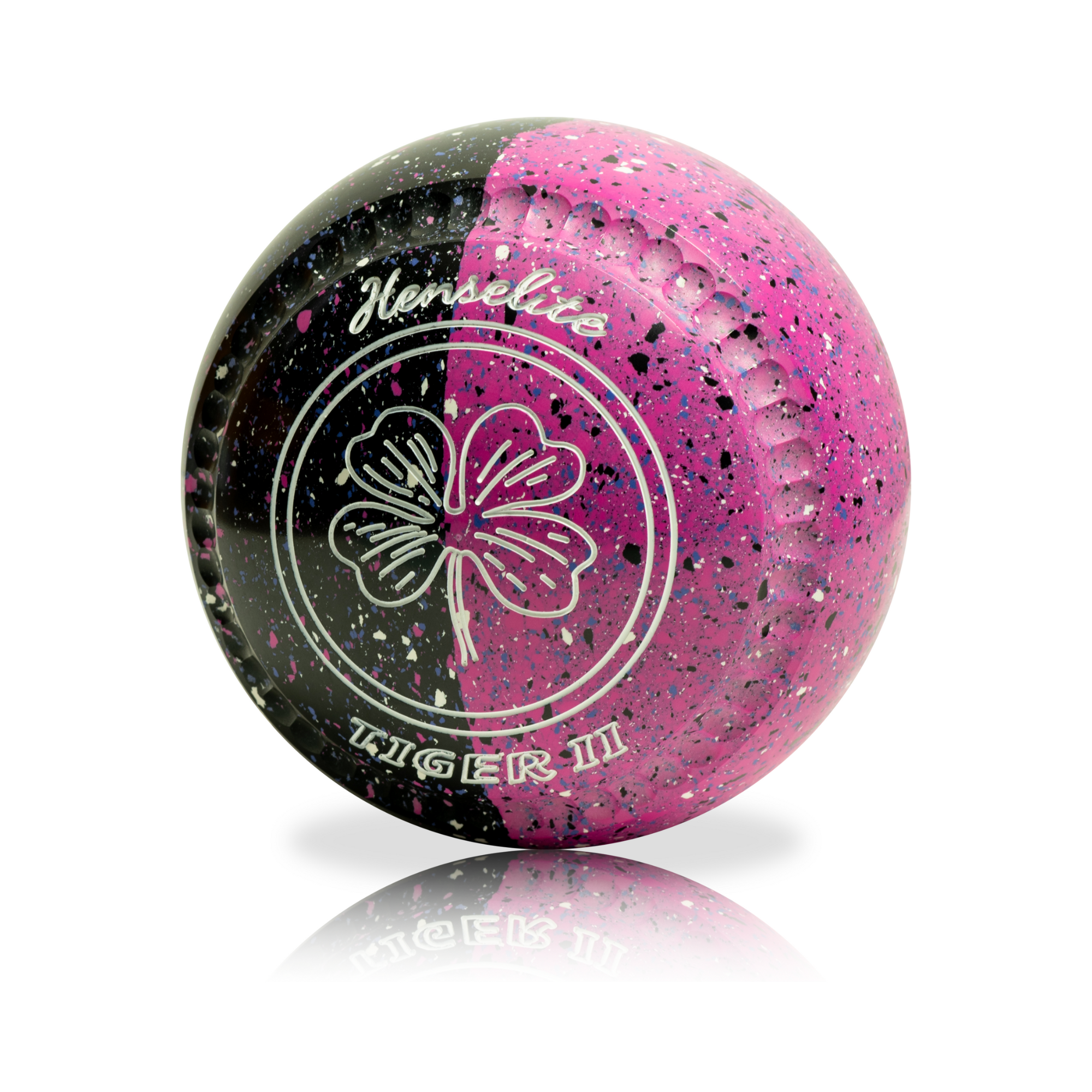 Pink and black speckled bowling ball with 'Henselite' branding on a white background