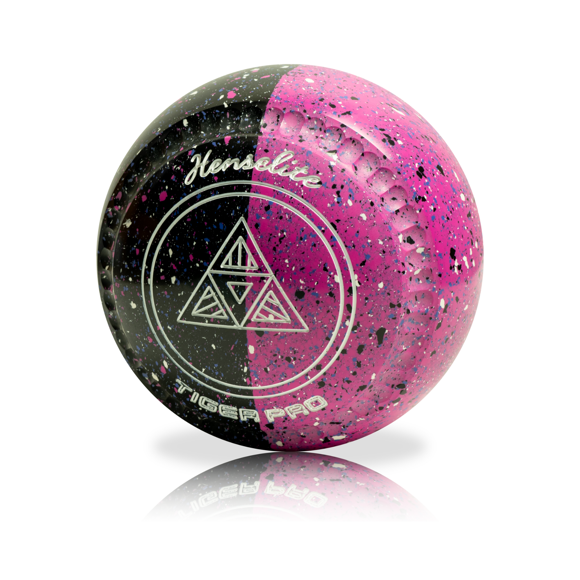 Pink and black speckled bowling ball with Henselite branding on a white background