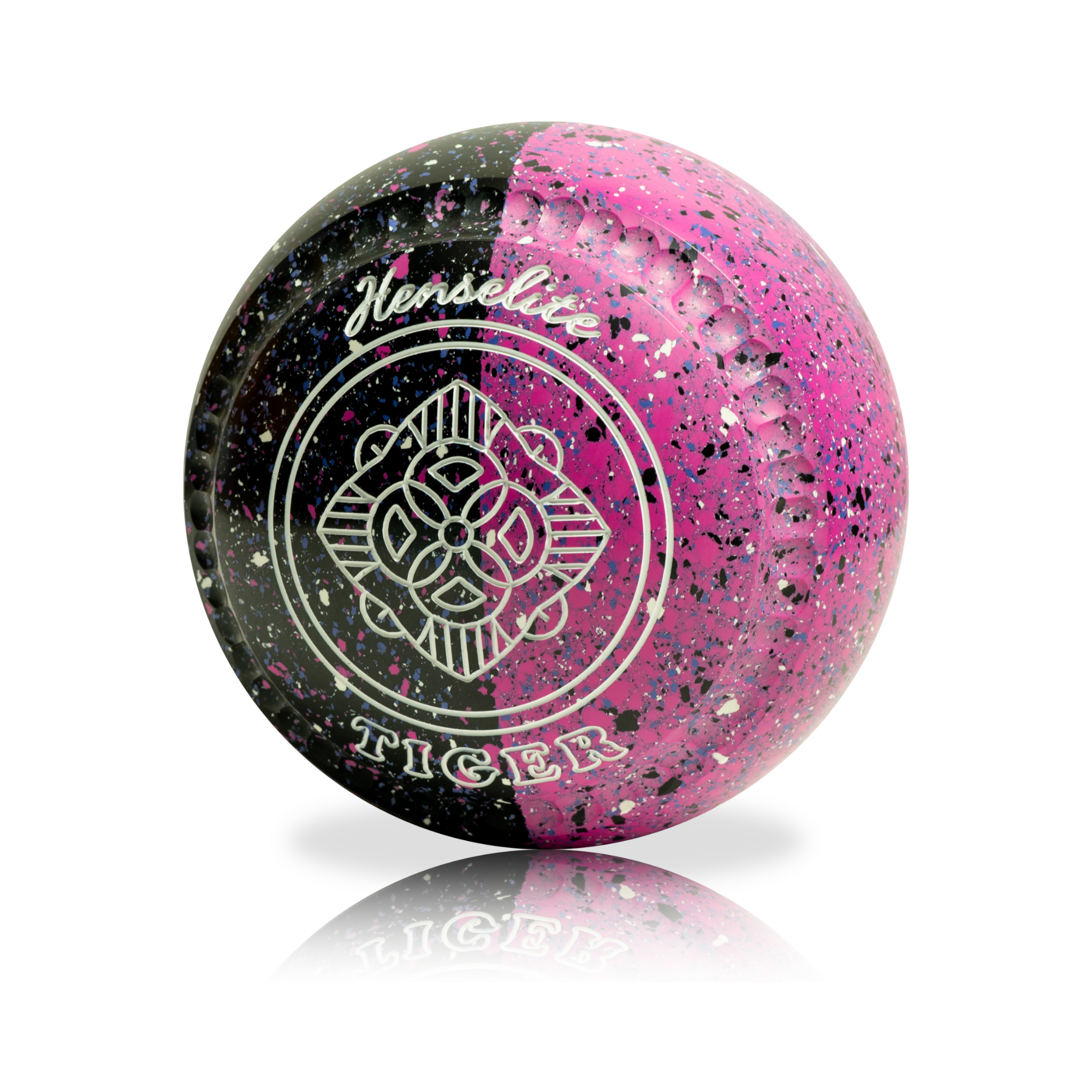 Pink and black speckled bowling ball with 'Henselite Tiger' branding on a white background