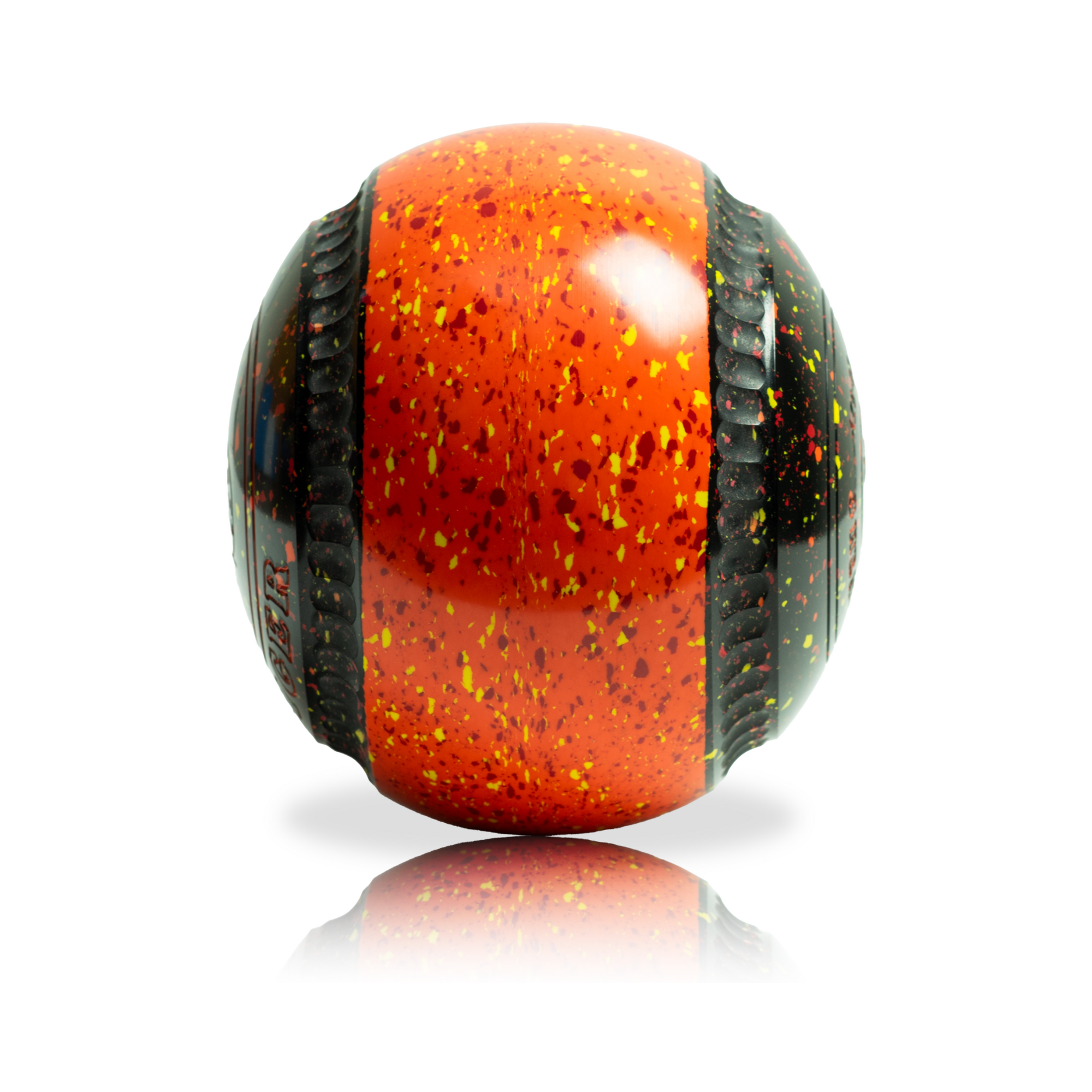 Red and black sports ball with speckles on a white background