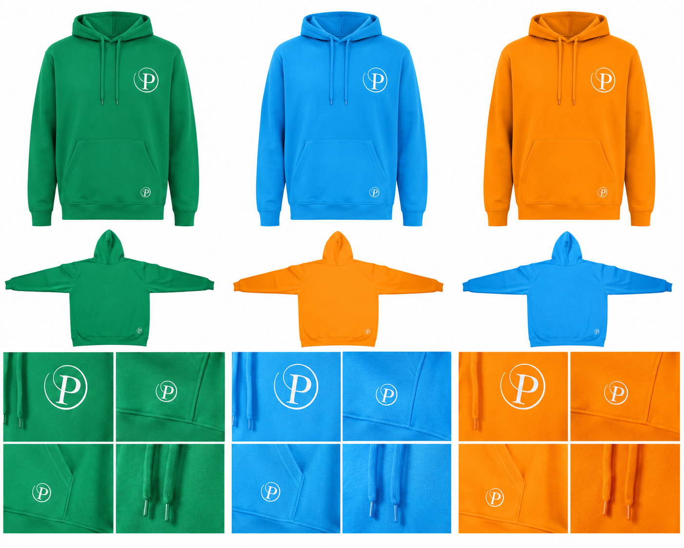 Three hoodies shown in green, blue, and orange, each with a white circular 'P' logo on the chest and a smaller matching logo near the pocket. The image includes front views, flat-lay views, and close-up detail panels of the logos and fabric on a white background.