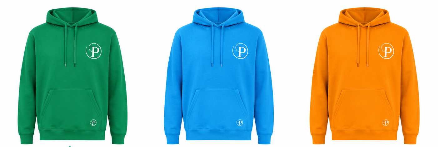 Three hoodies shown in green, blue, and orange, each with a white circular 'P' logo on the chest and a smaller matching logo near the pocket. The image includes front views, flat-lay views, and close-up detail panels of the logos and fabric on a white background.