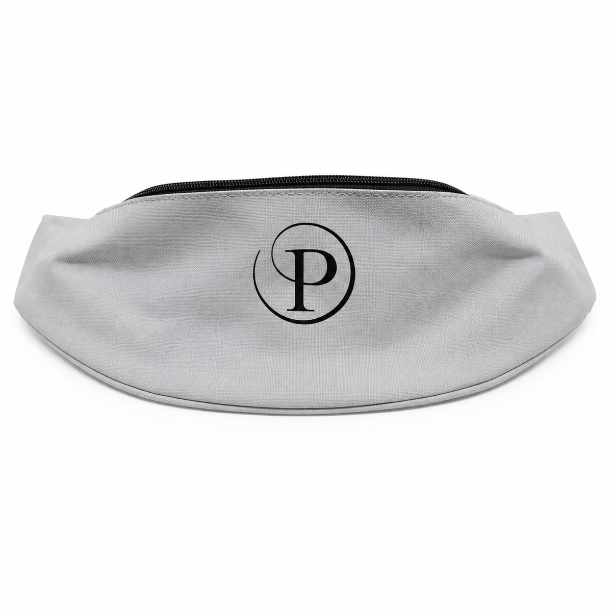 A light gray fabric fanny pack with a black zipper and a black circular 'P' logo printed in the center, shown against a plain white background.