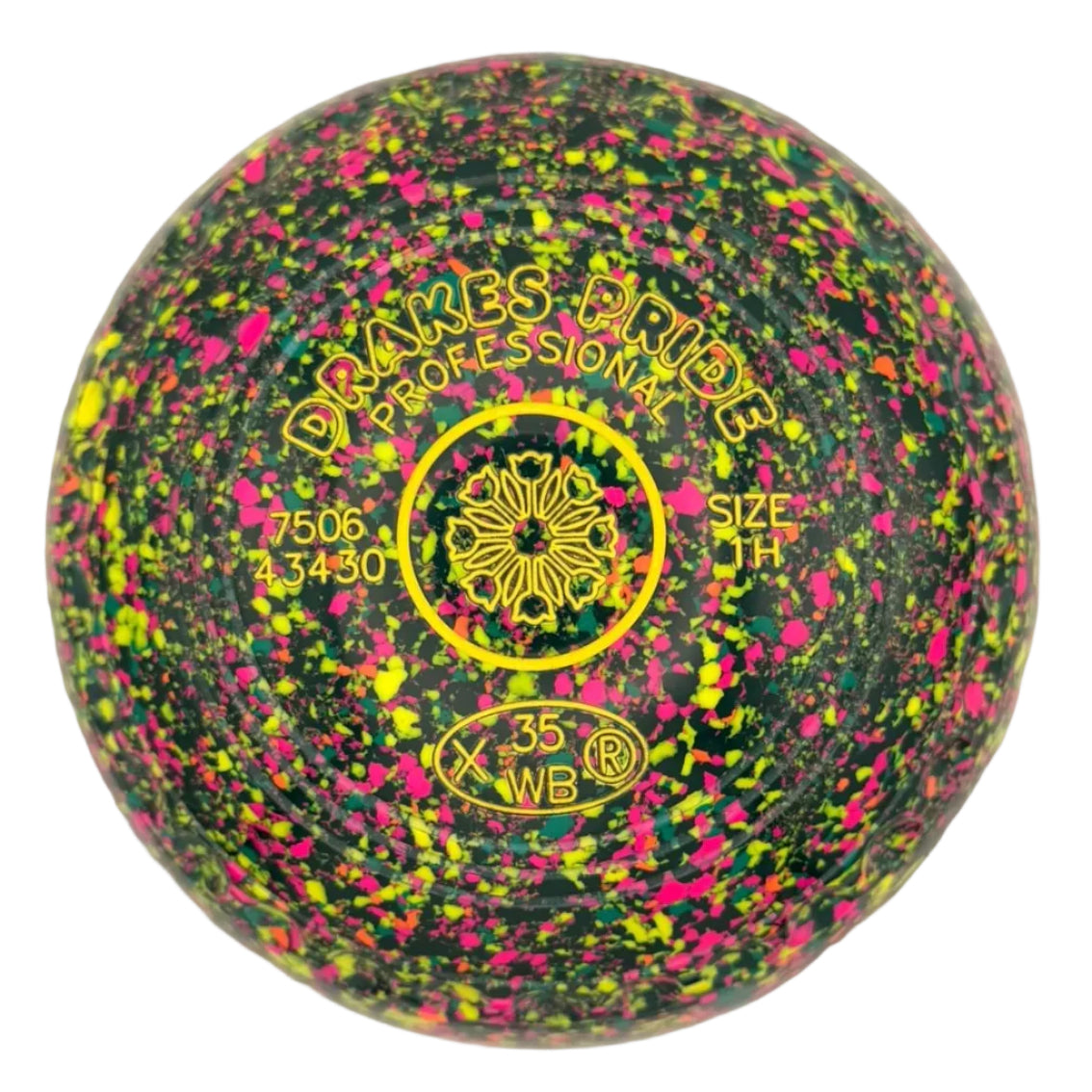 Colorful speckled bowling ball with branding on a light gray background