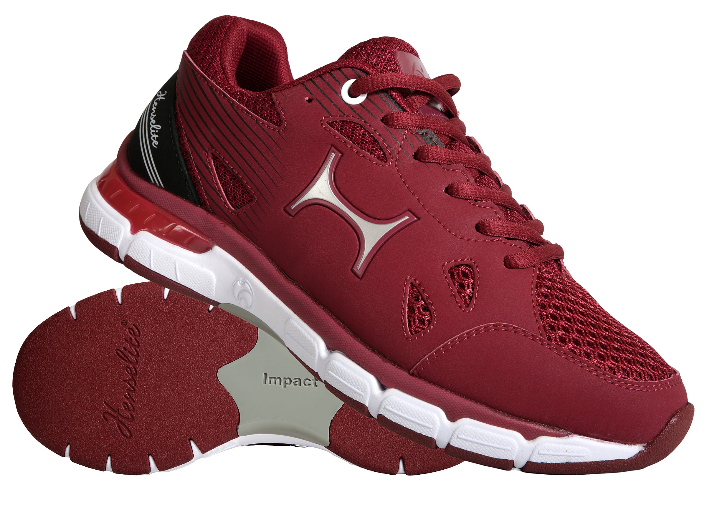 Red running shoe with white sole on a white background