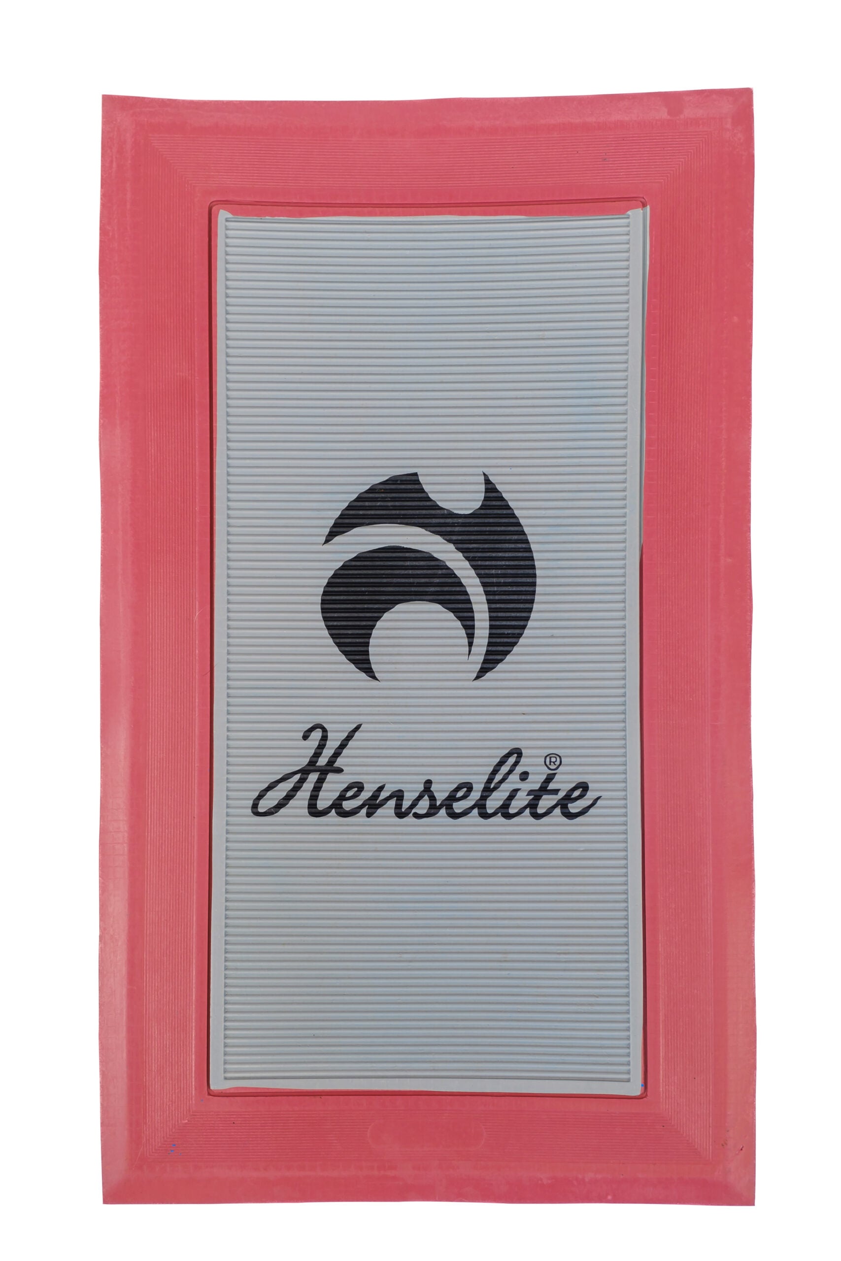 A pink adn white delivery mat with the Henselite logo printed in white.