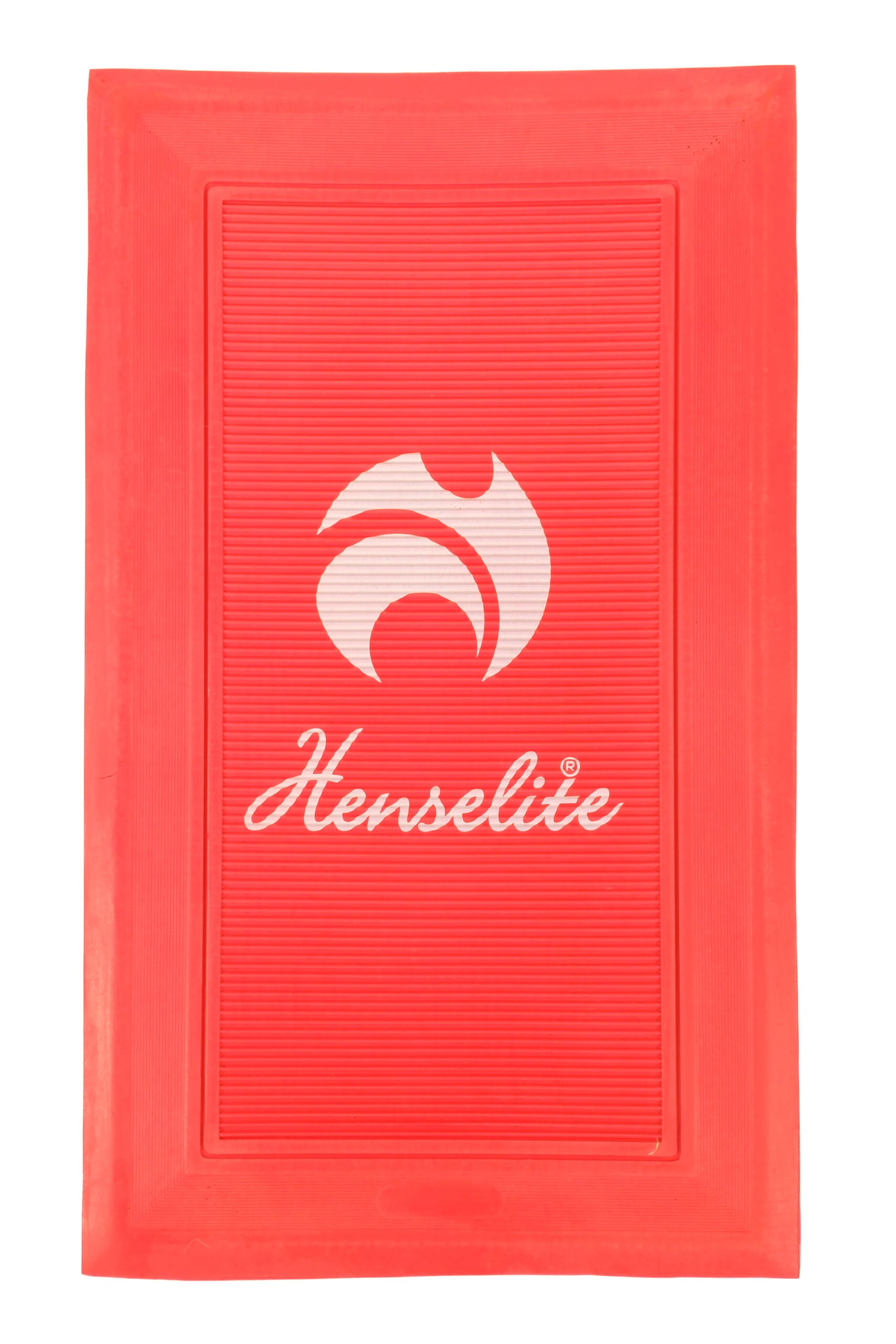 A red delivery mat with the Henselite logo printed in white.