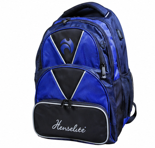 Blue and black backpack with Henselite branding on a white background