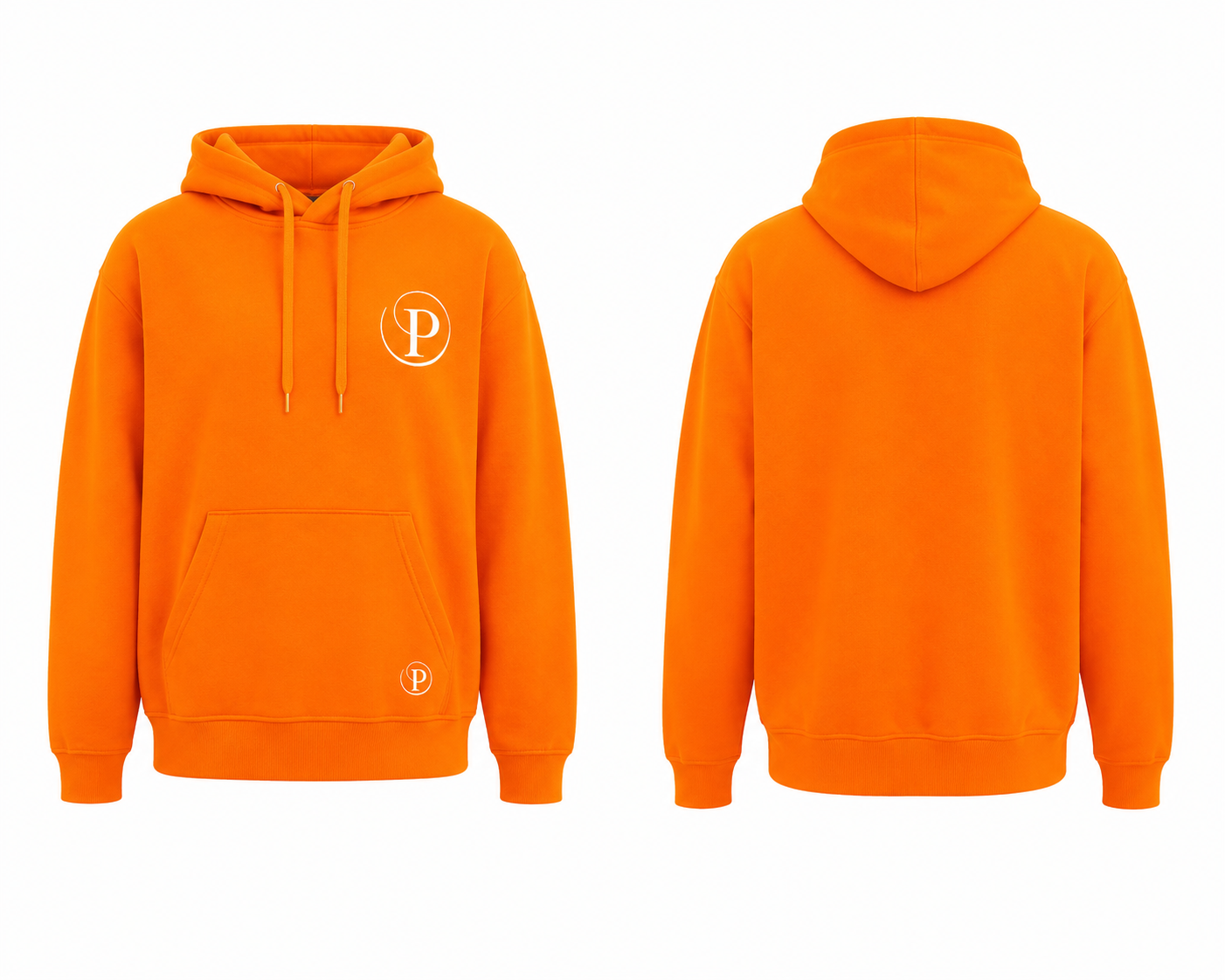 Bright orange pullover hoodie shown from the front and back on a plain white background. The front features a white circular 'P' logo on the left chest and a matching logo near the lower front pocket.