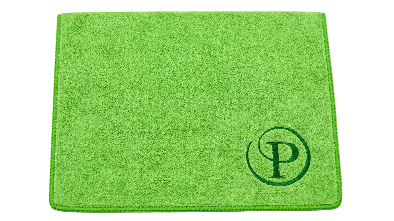 Green towel with a logo on a white background