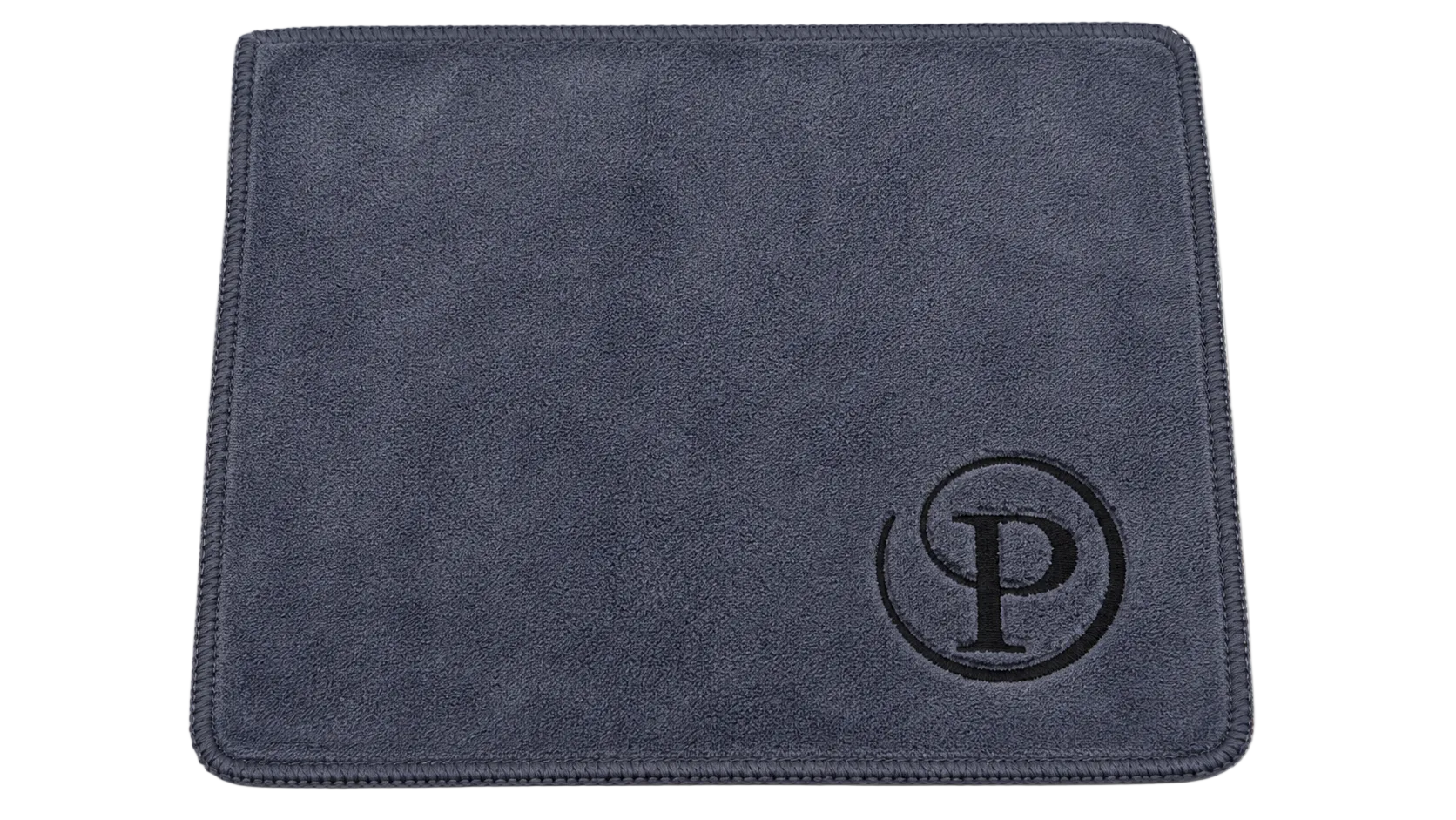 Gray mouse pad with a black logo on a white background