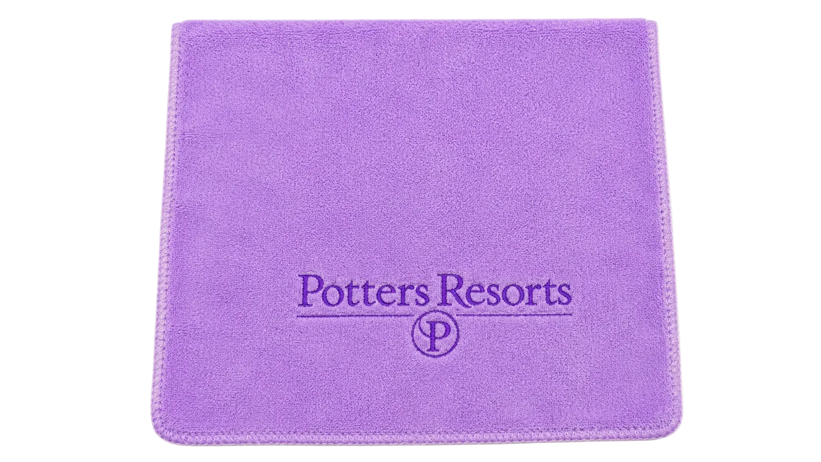 Purple towel with 'Potters Resorts' logo on a white background