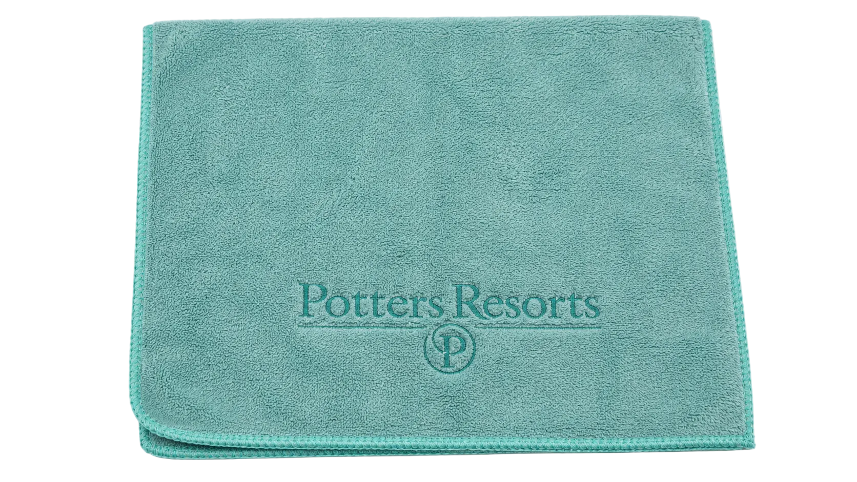 Teal towel with 'Potters Resorts' logo on a white background