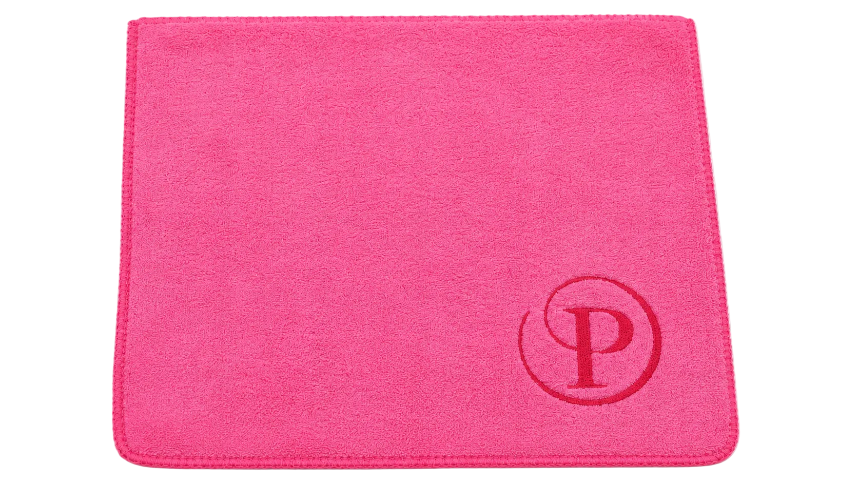 Pink pouch with a logo on a white background