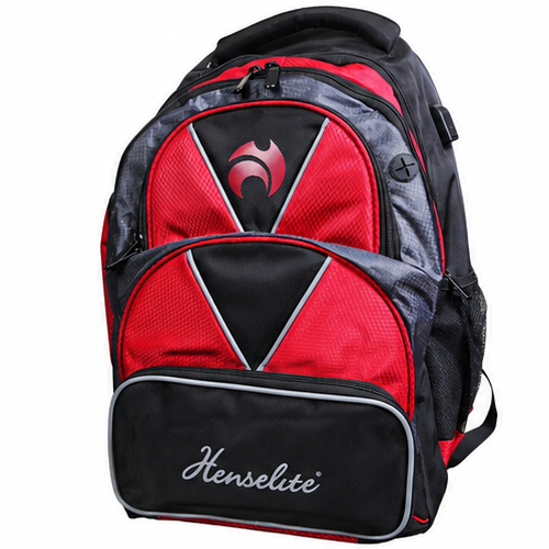 Red, black, and gray backpack with Henselite logo on a white background
