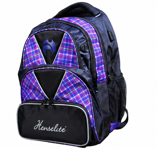 Backpack with plaid pattern and visible Henselite branding on a white background