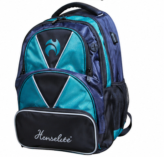 Blue and black backpack with Henselite branding on a white background