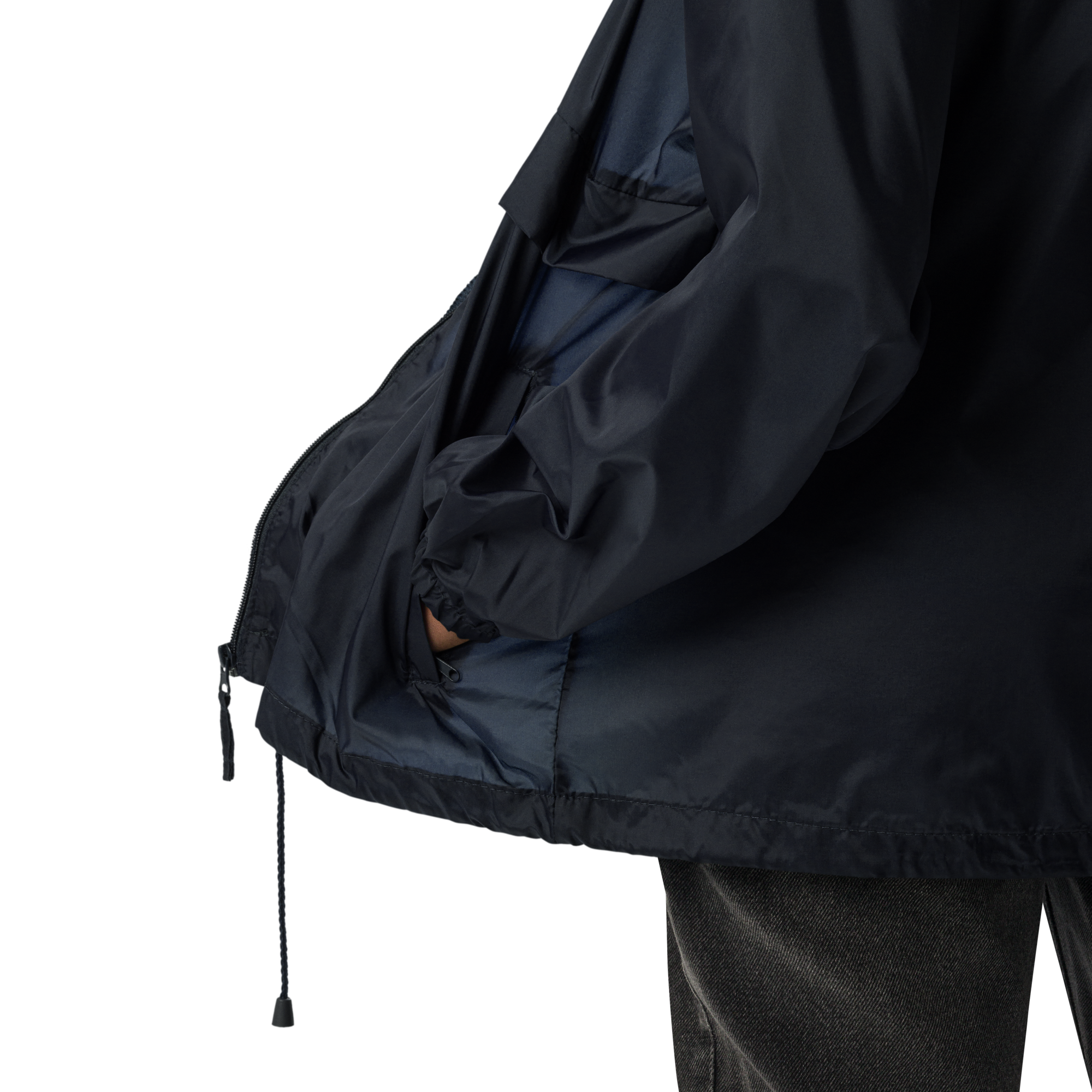 Black raincoat with a white background