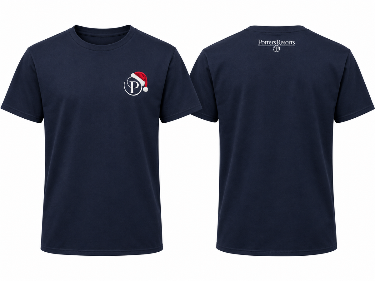 Christmas Navy Potters P T-Shirt – front and back product mockup