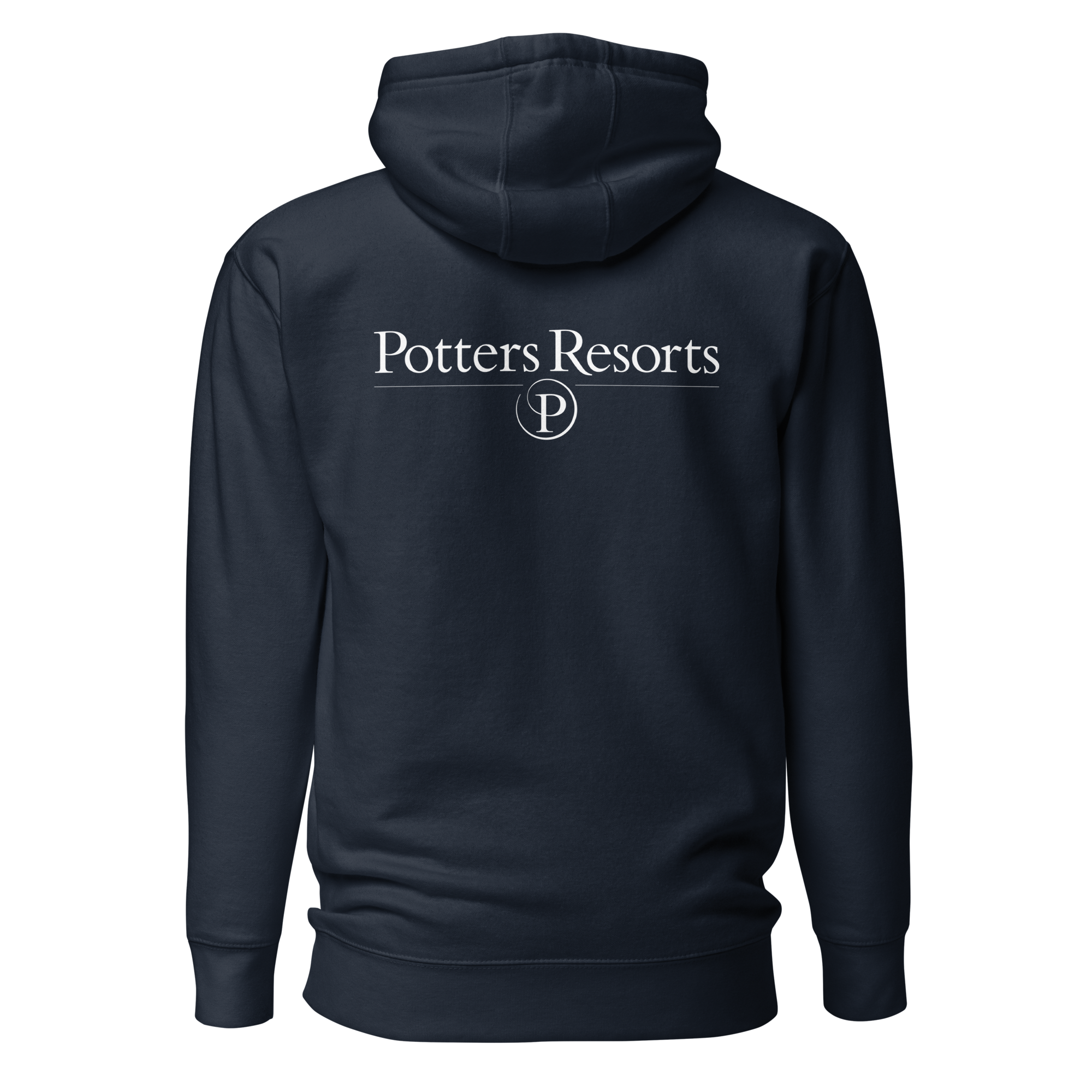 Navy hoodie with 'Potters Resorts' logo on the back against a white background
