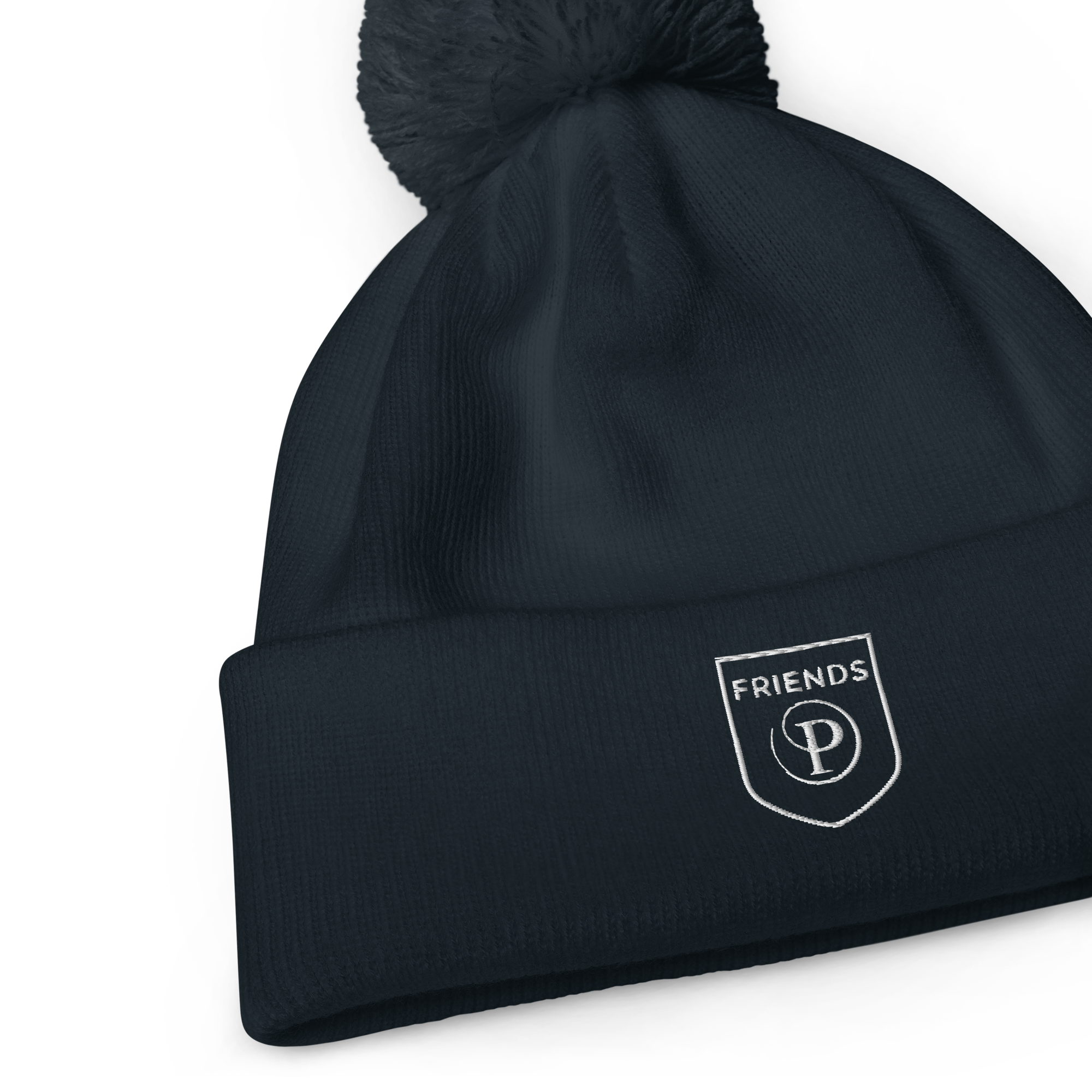 Black beanie with a pom-pom and 'FRIENDS' logo on a white background