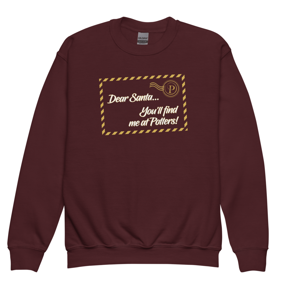 Potters Exclusive Dear Santa You'll Find Me at Potters Christmas kids sweatshirt in Maroon