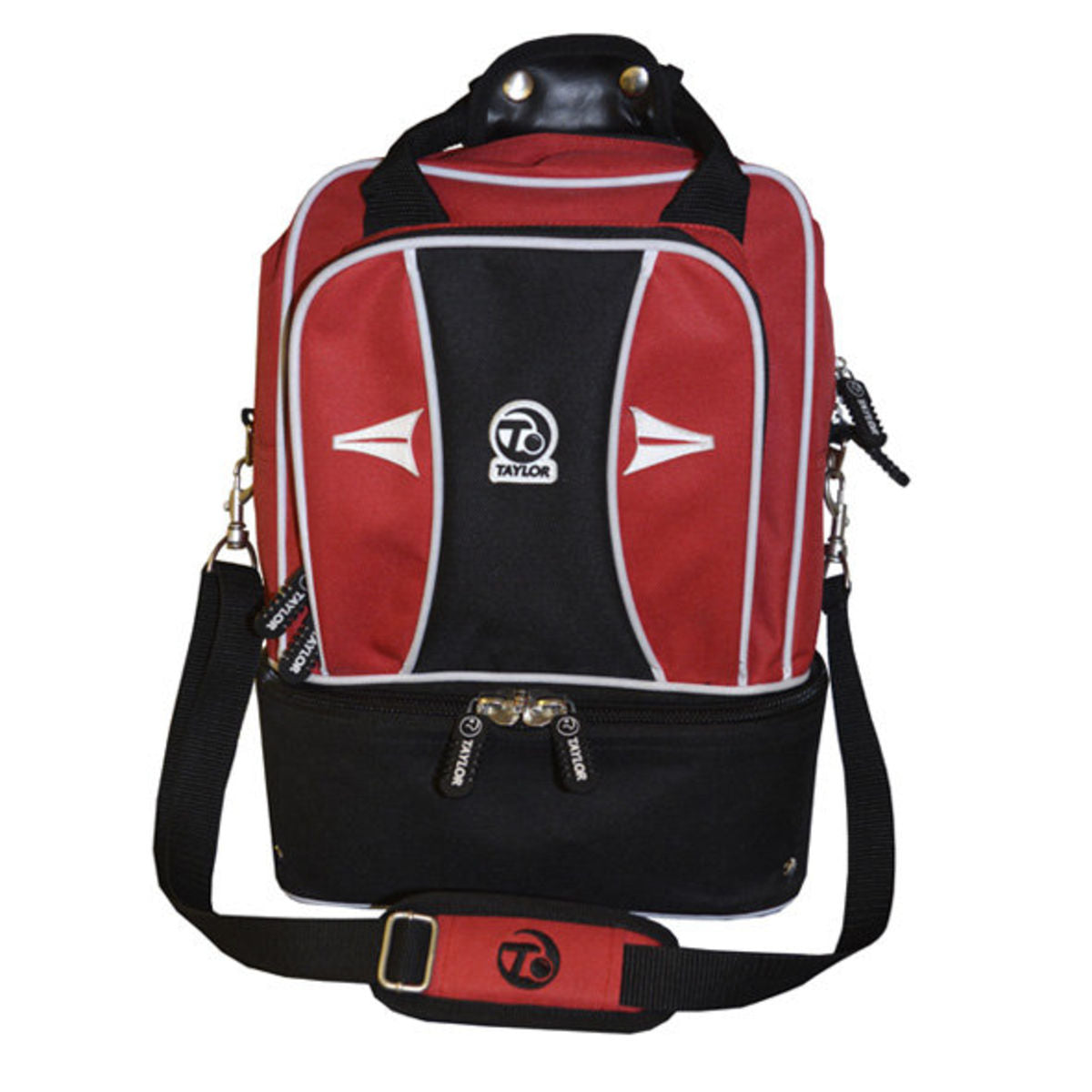 Red and black backpack with a visible brand logo on a white background