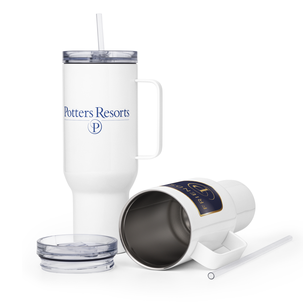 White tumbler with handle, straw, and lid featuring 'Potters Resorts' branding on a white background.