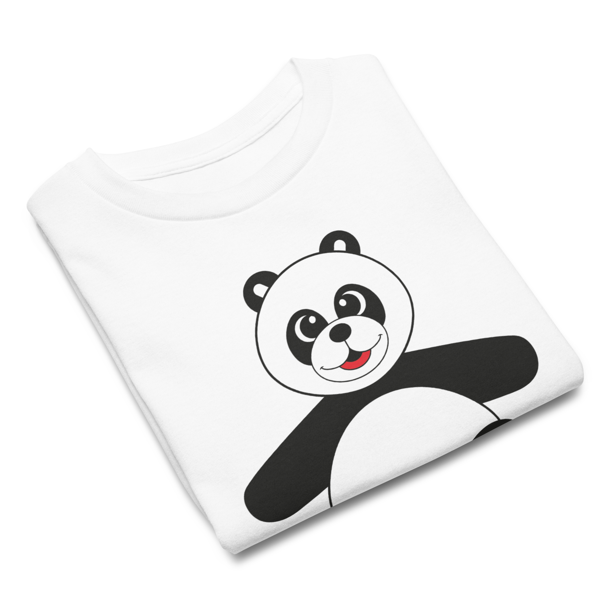 White t-shirt with a cartoon panda design on a white background
