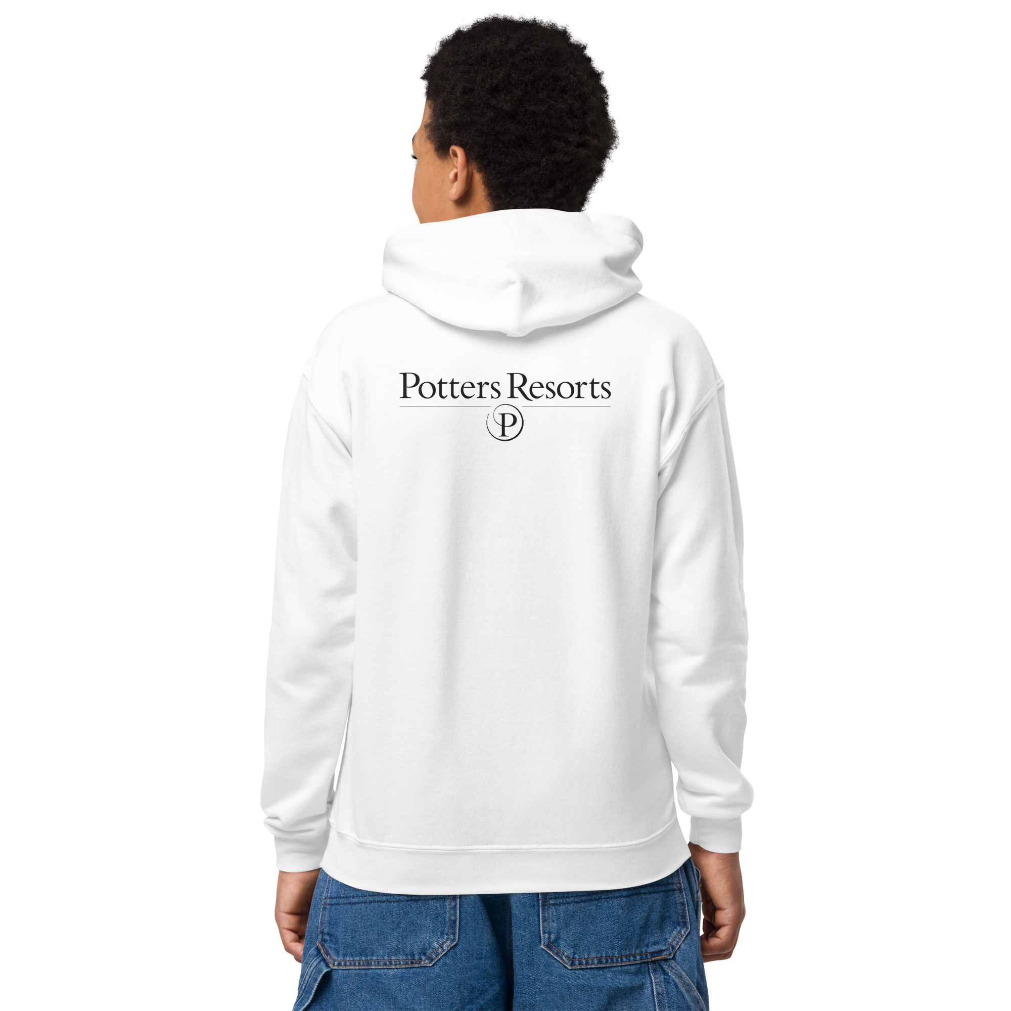 Person wearing a white hoodie with 'Potters Resorts' logo on the back, standing against a white background.