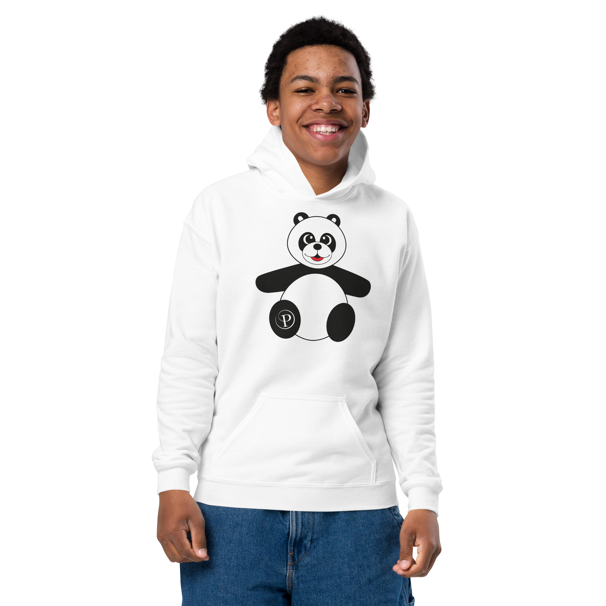 Person wearing a white hoodie with a panda design on a white background