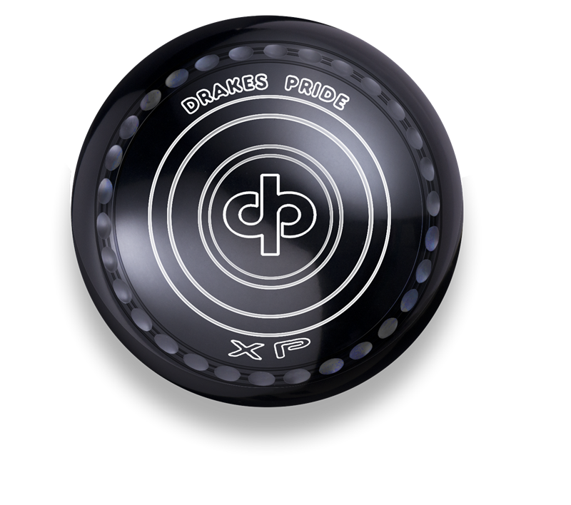 A black bowls ball with the Drakes Pride logo and the model name XP on it.