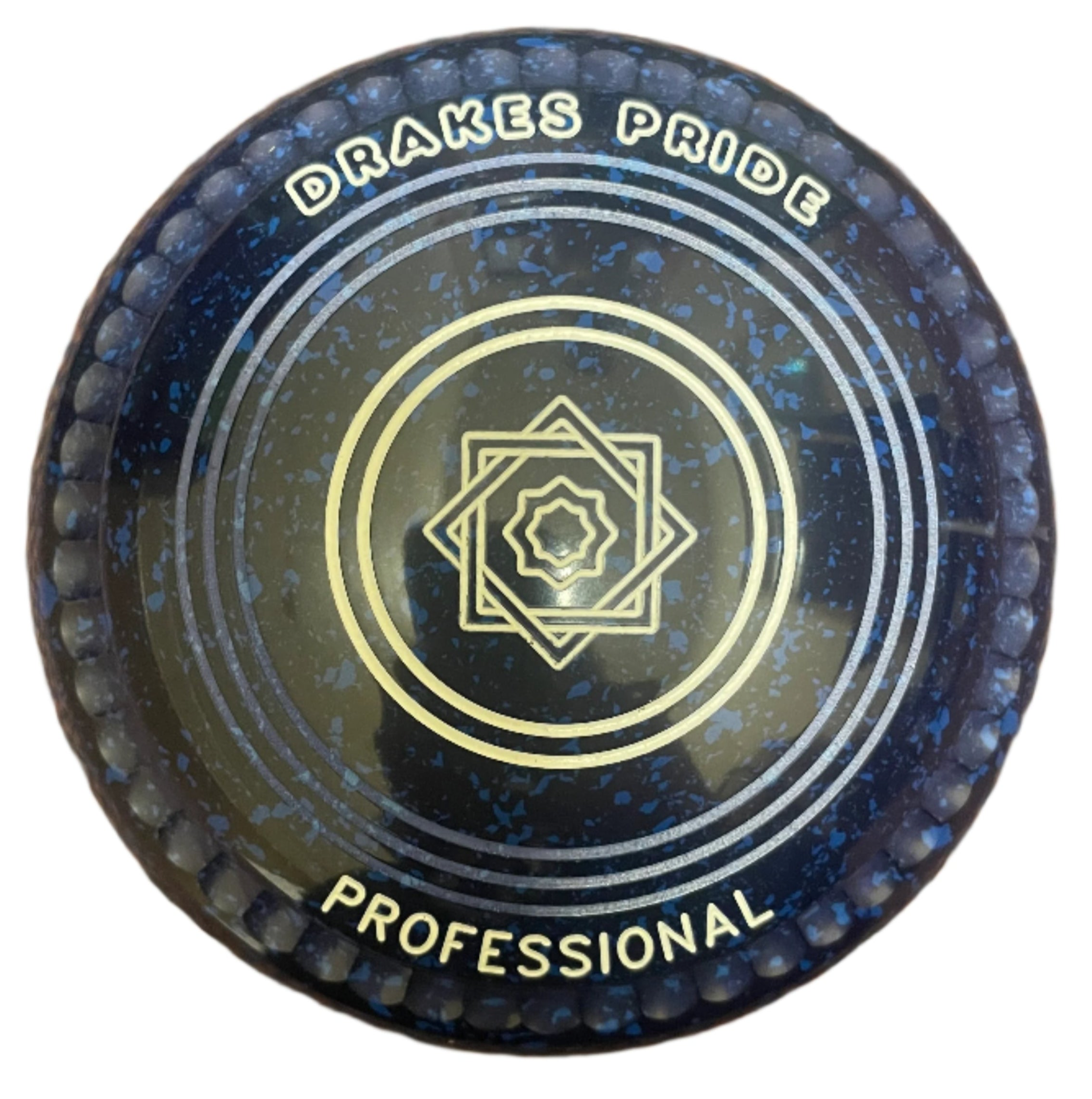 Drakes Pride professional bowl with a blue speckled design on a white background