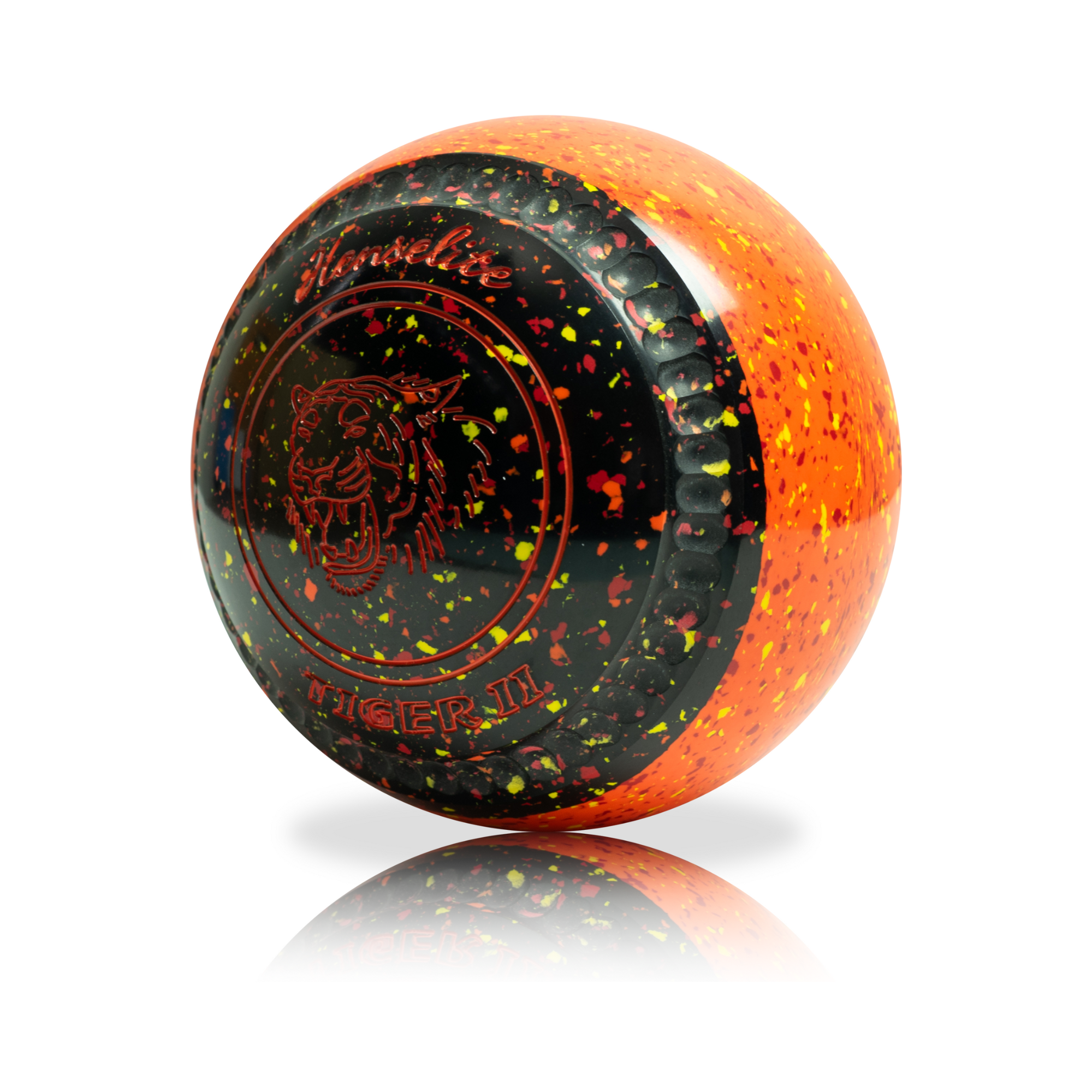 Glossy orange and black ball with a tiger design on a white background