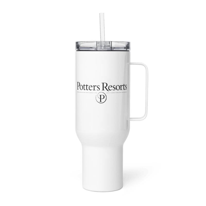 White tumbler with handle and straw featuring 'Potters Resorts' logo on a white background