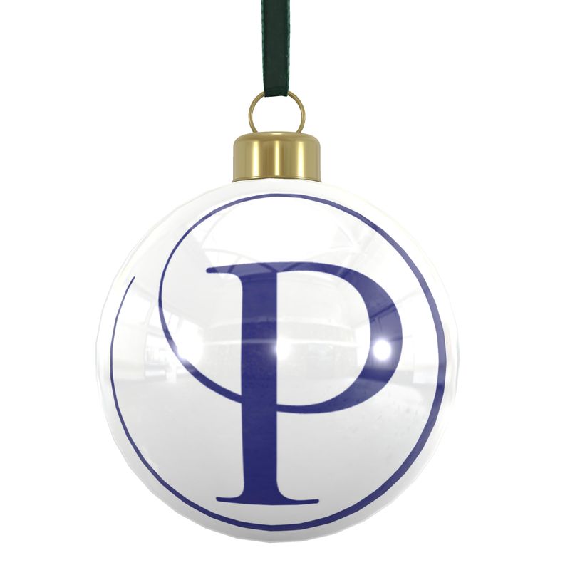 Clear ornament with blue letter 'P' on a white background