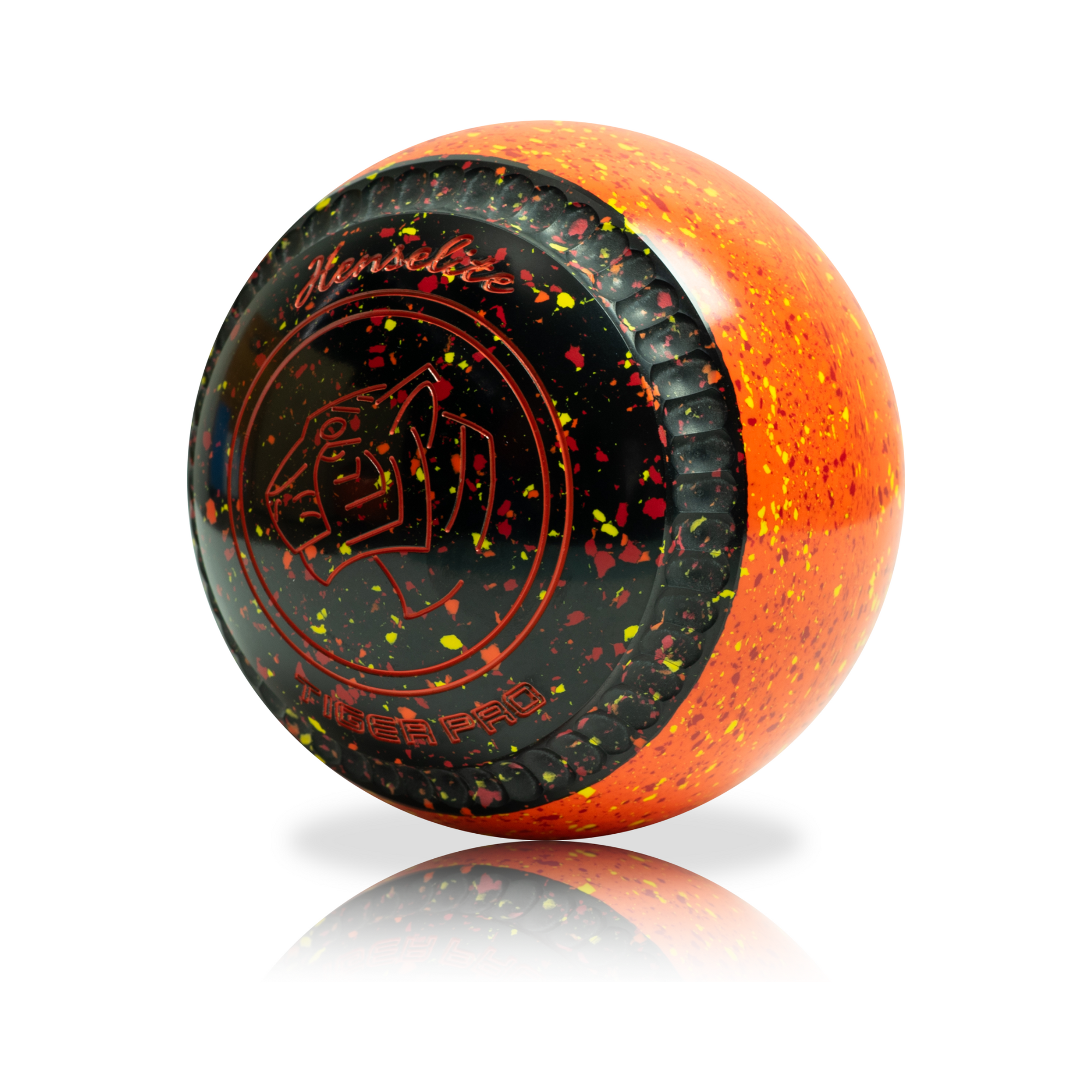 Orange and black ball with speckles on a white background