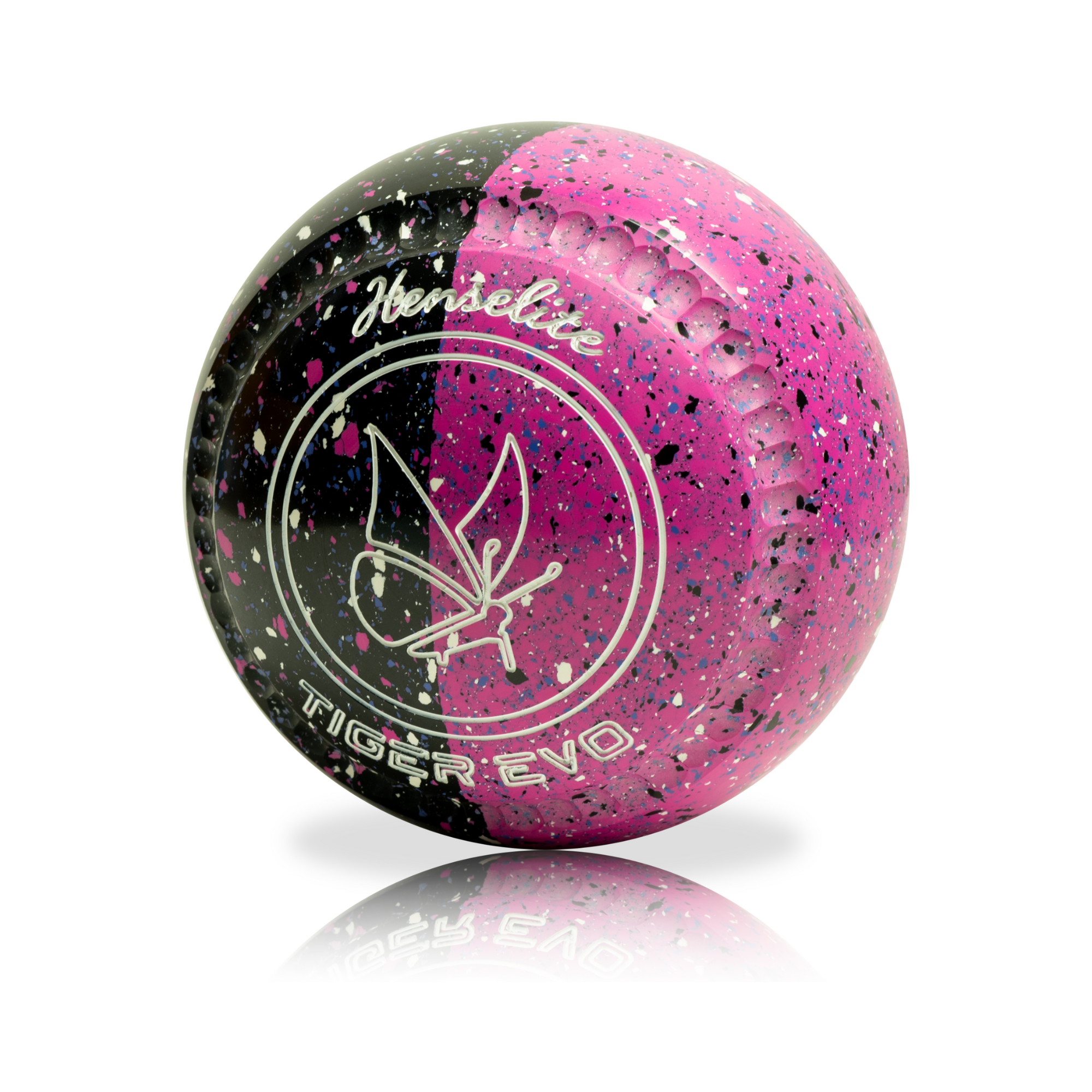 Pink and black speckled bowling ball with 'Hendelite Tiger Evo' branding on a white background