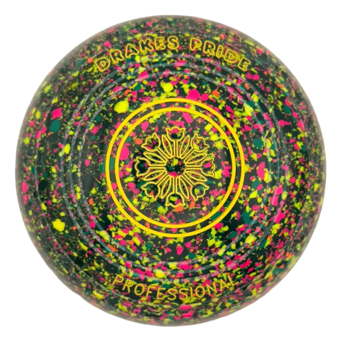 Colorful cricket ball with 'Drakes Pride' branding on a light gray background