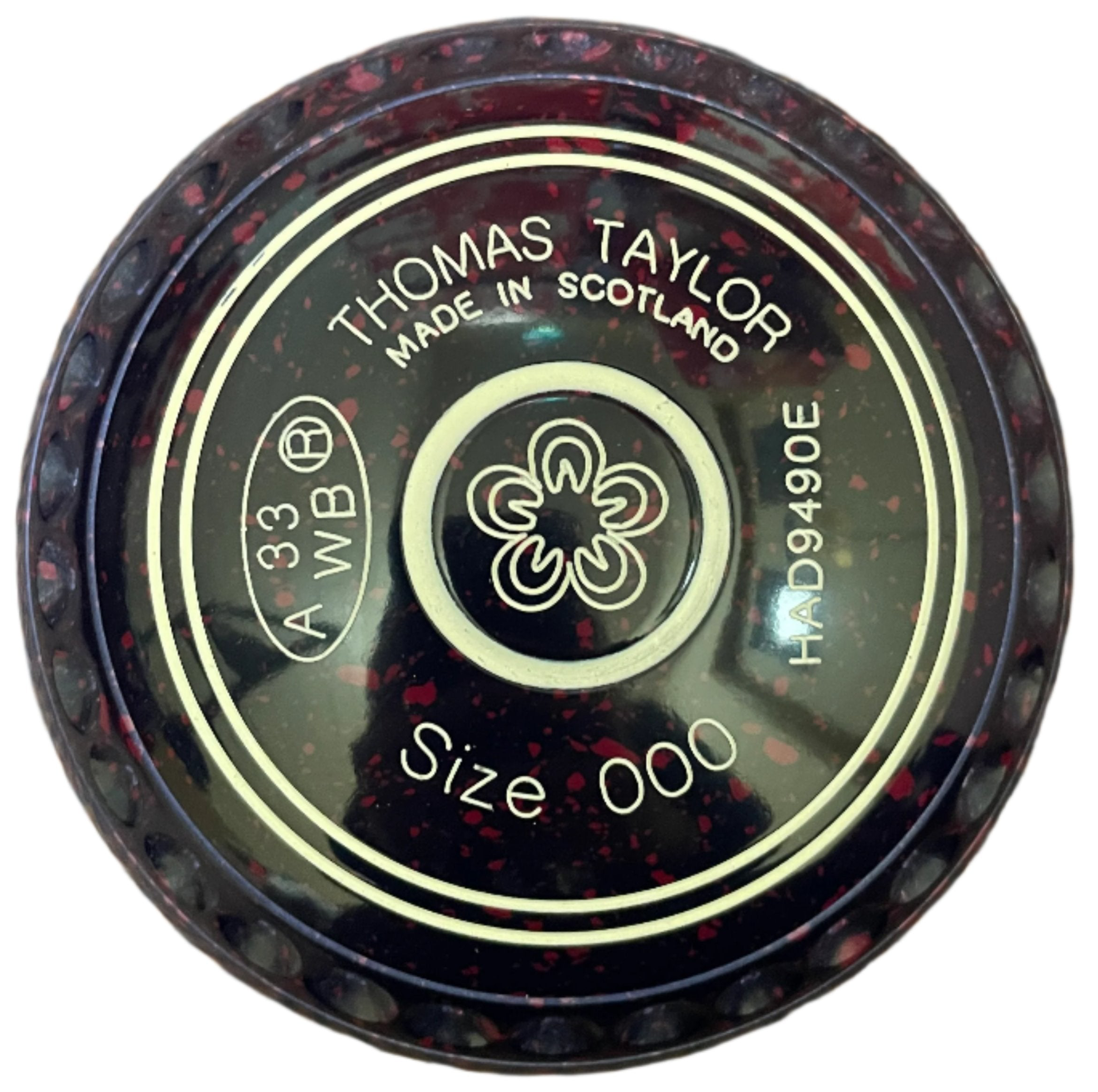 Taylor Ace 000H bowl in dark blue with magenta flower emblem