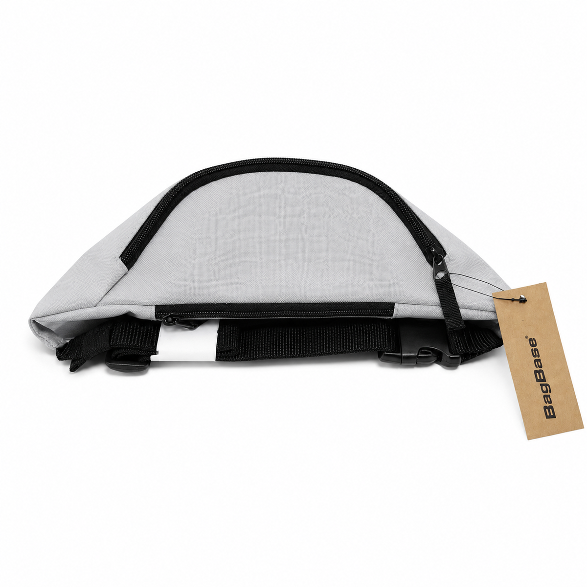 A light gray fanny pack with black trim, a top zipper, and an adjustable waist strap, shown on a white background with a hanging BagBase tag.