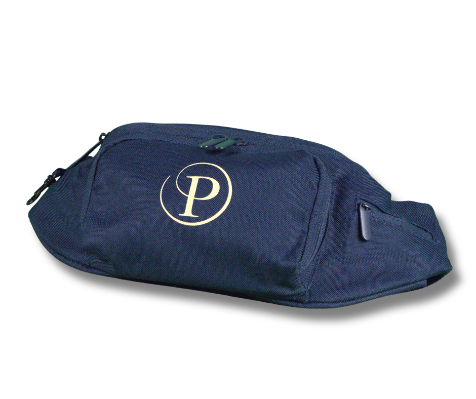 Navy blue bag with a gold logo on a white background