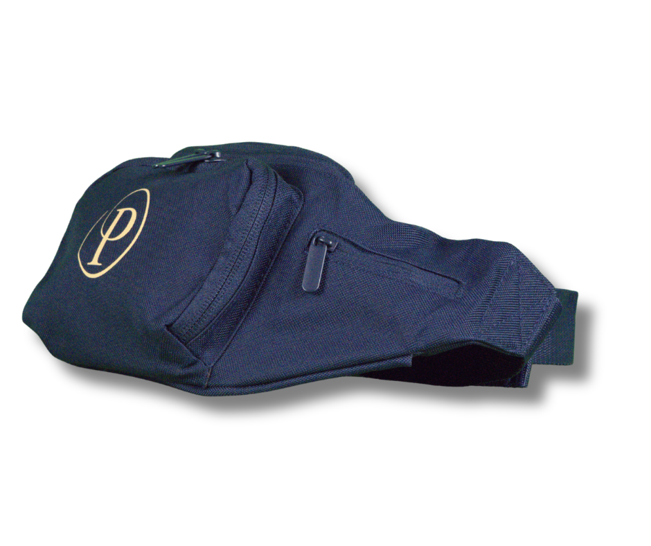 Navy blue bag with a gold logo on a white background