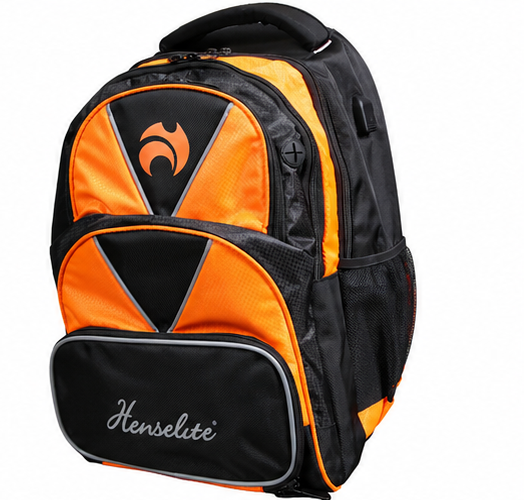 Orange and black backpack with Henselite logo on a white background