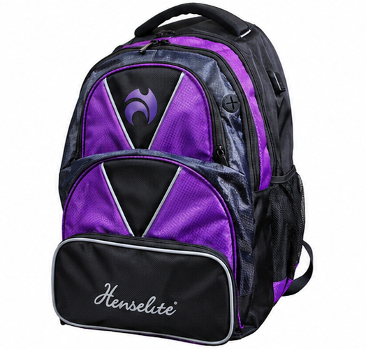 Purple and black backpack with Henselite logo on a white background