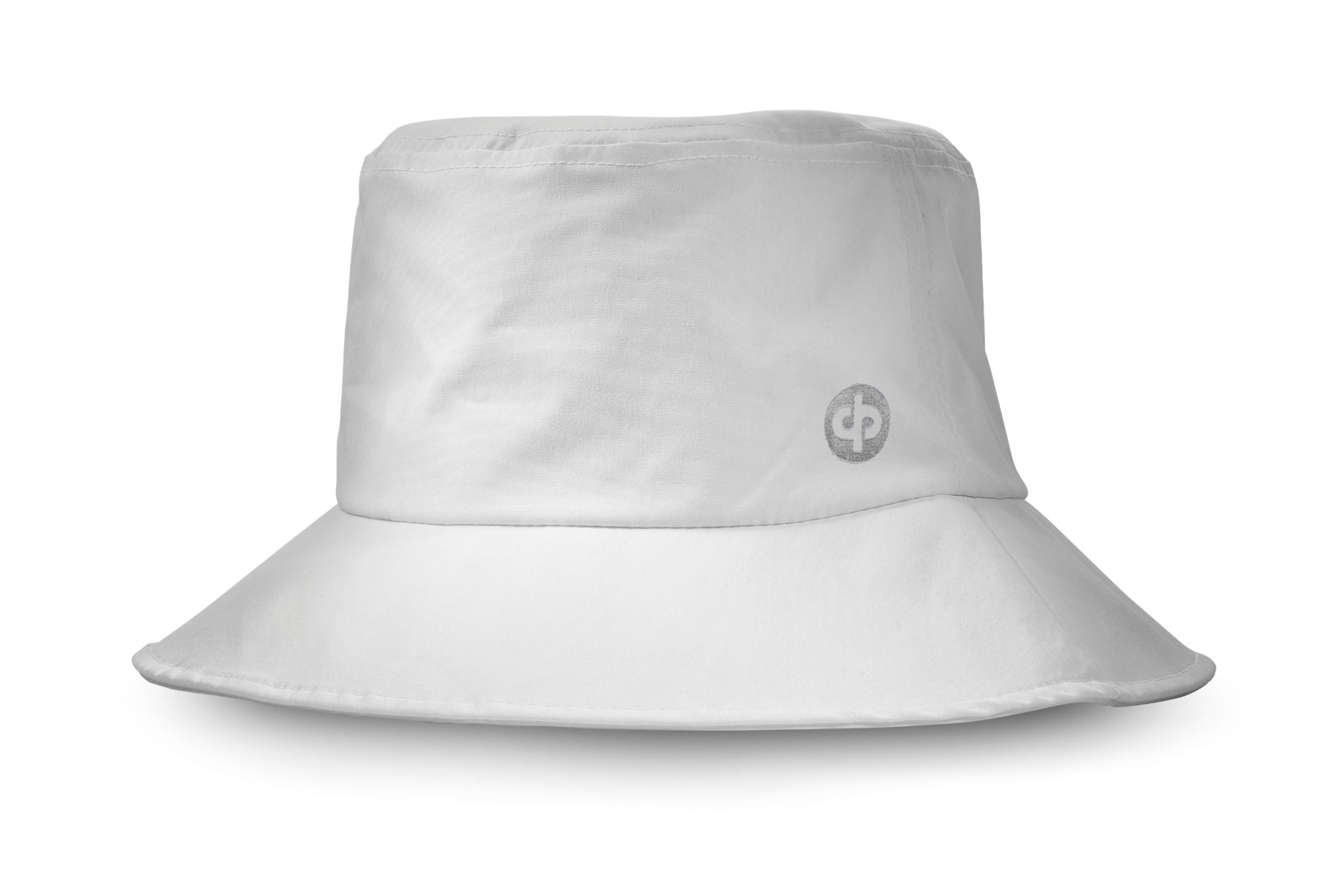 White bucket hat with DP logo on a white background