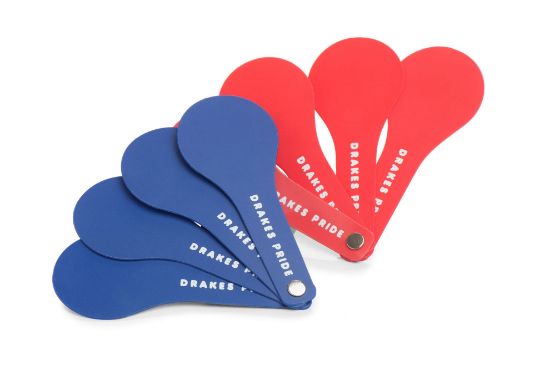 Red and blue lolipops with 'Drakes Pride' branding on a white background