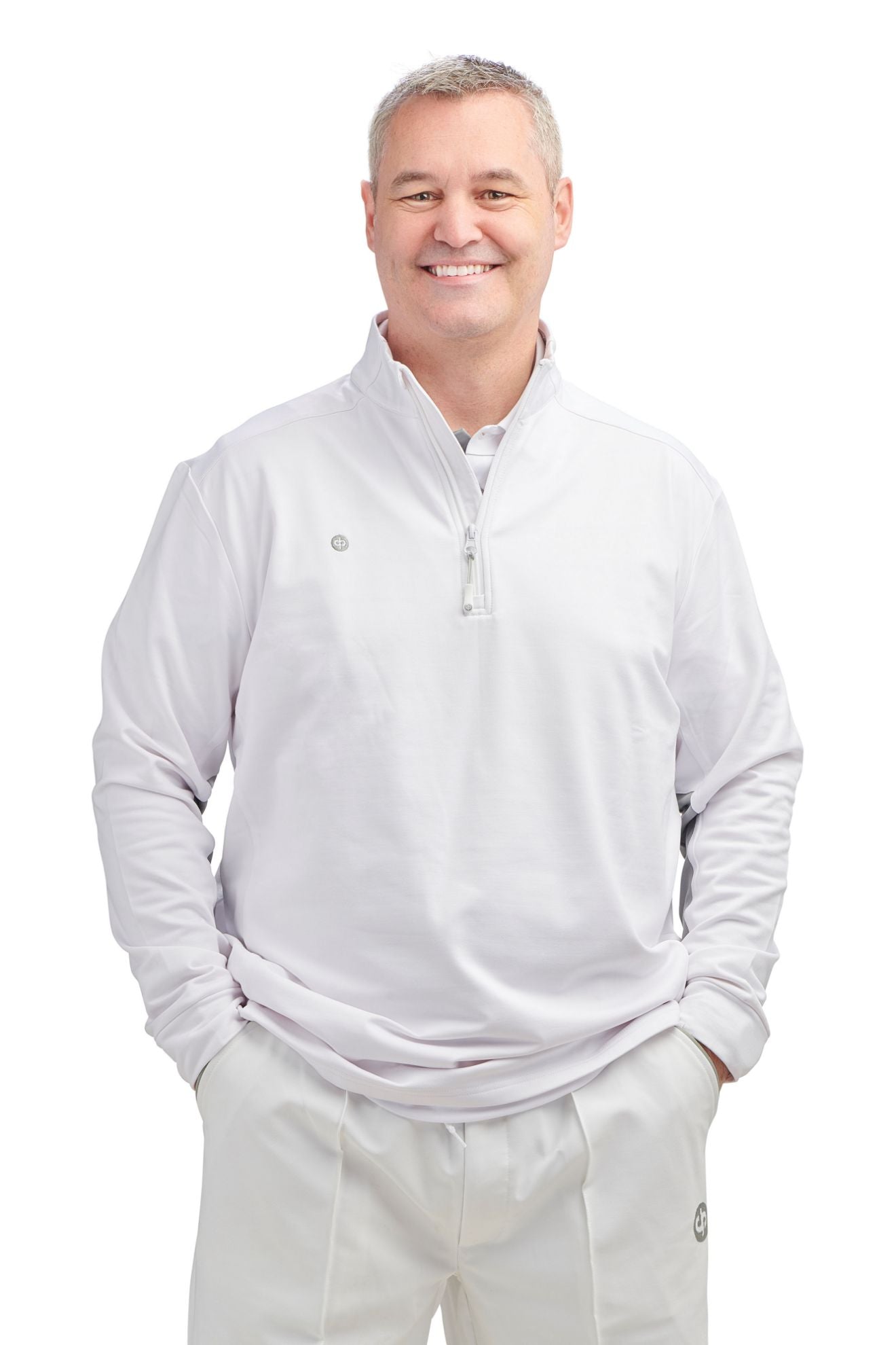 Man wearing a light gray 1/4 zip jacket with a white background
